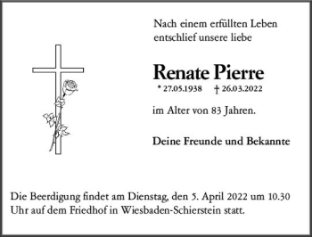 Traueranzeige von Renate Pierre von vrm-trauer Wiesbadener Kurier
