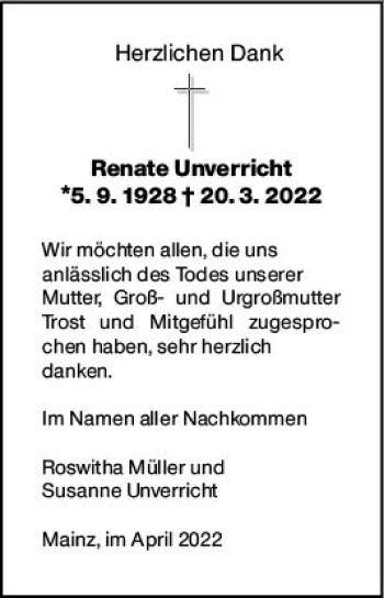 Traueranzeige von Renate Unverricht von vrm-trauer Allg. Zeitung Bad Kreuznach
