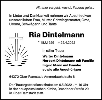 Traueranzeige von Ria Dintelmann von vrm-trauer Darmstädter Echo