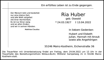 Traueranzeige von Ria Huber von vrm-trauer AZ Mainz