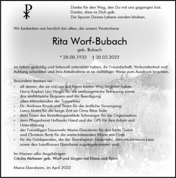 Traueranzeige von Rita Worf-Bubach von vrm-trauer AZ Mainz