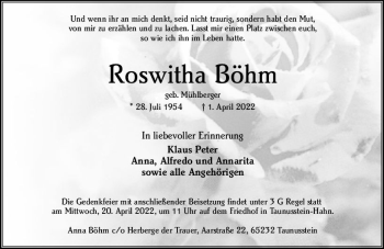 Traueranzeige von Roswitha Böhm von vrm-trauer Wiesbadener Kurier
