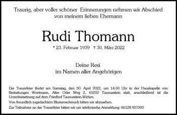 Traueranzeige von Rudi Thomann von vrm-trauer WK-UTA