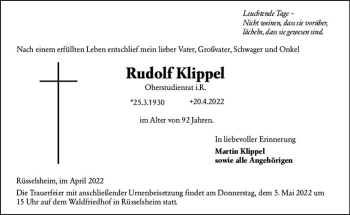 Traueranzeige von Rudolf Klippel von vrm-trauer Rüsselsheimer Echo / MainSpitze