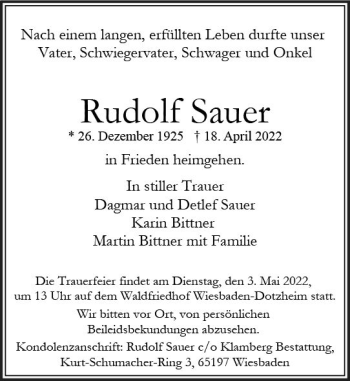 Traueranzeige von Rudolf Sauer von vrm-trauer Wiesbadener Kurier