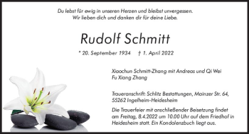 Traueranzeige von Rudolf Schmitt von vrm-trauer Allgemeine  Zeitung Ingelheim-Bingen
