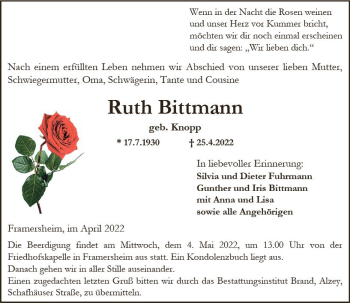 Traueranzeige von Ruth Bittmann von vrm-trauer Allgemeine Zeitung Alzey