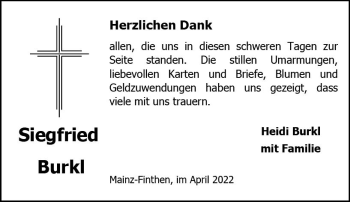 Traueranzeige von Siegfried Burkl von vrm-trauer AZ Mainz