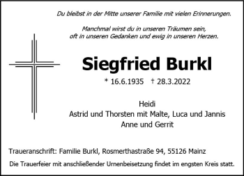 Traueranzeige von Siegfried Burkl von vrm-trauer AZ Mainz