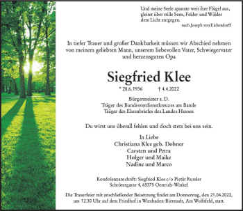 Traueranzeige von Siegfried Klee von vrm-trauer Wiesbadener Kurier