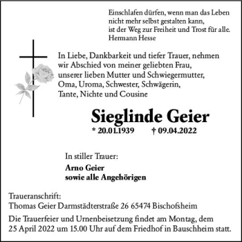 Traueranzeige von Sieglinde Geier von vrm-trauer Rüsselsheimer Echo / MainSpitze