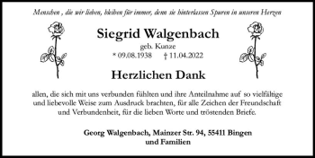 Traueranzeige von Siegrid Walgenbach von vrm-trauer Allgemeine  Zeitung Ingelheim-Bingen