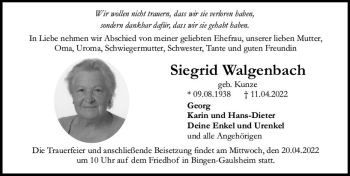 Traueranzeige von Siegrid Walgenbach von vrm-trauer Allgemeine  Zeitung Ingelheim-Bingen