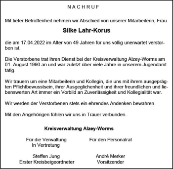 Traueranzeige von Silke Lahr-Korus von vrm-trauer Allgemeine Zeitung Alzey