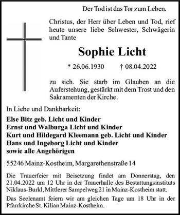 Traueranzeige von Sophie Licht von vrm-trauer AZ Mainz