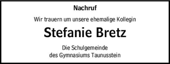 Traueranzeige von Stefanie Bretz von vrm-trauer WK-UTA