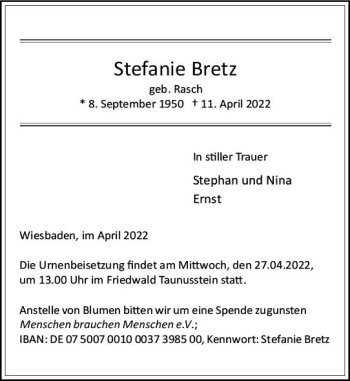Traueranzeige von Stefanie Bretz von vrm-trauer Wiesbadener Kurier