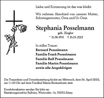 Traueranzeige von Stephania Posselmann von vrm-trauer AZ Mainz
