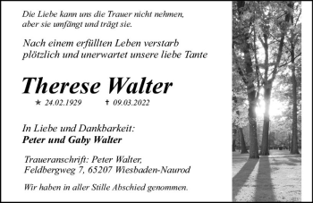 Traueranzeige von Therese Walter von vrm-trauer AZ Mainz