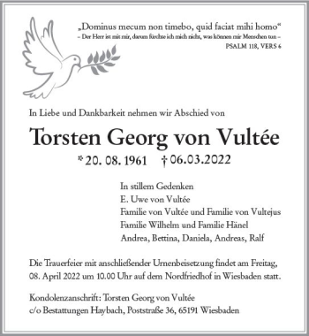 Traueranzeige von Torsten Georg von Vultée von vrm-trauer Wiesbadener Kurier