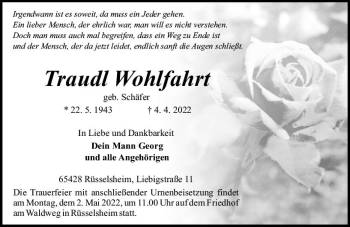 Traueranzeige von Trau Wohlfahrt von vrm-trauer Rüsselsheimer Echo / MainSpitze