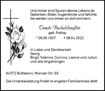 Traueranzeige von Traute Ruckelshaußen von vrm-trauer Groß-Gerauer Echo