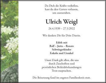 Traueranzeige von Ulrich Weigl von vrm-trauer Rüsselsheimer Echo / MainSpitze