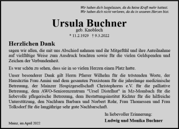 Traueranzeige von Ursula Buchner von vrm-trauer AZ Mainz