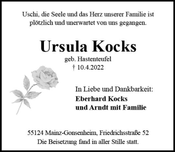 Traueranzeige von Ursula Kocks von vrm-trauer Wiesbadener Kurier