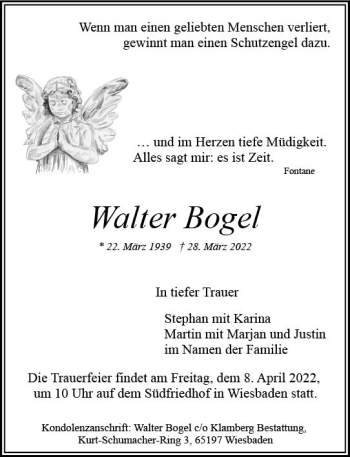 Traueranzeige von Walter Bogel von vrm-trauer Wiesbadener Kurier