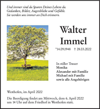 Traueranzeige von Walter Immel von vrm-trauer Wormser Zeitung