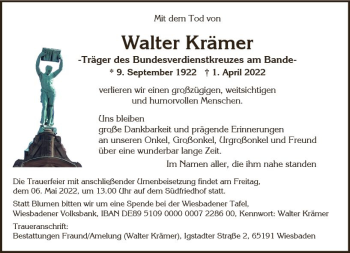 Traueranzeige von Walter Krämer von vrm-trauer Wiesbadener Kurier