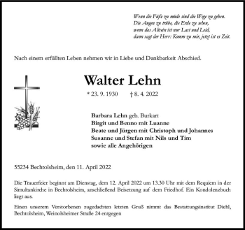 Traueranzeige von Walter Lehn von vrm-trauer Allgemeine  Zeitung Ingelheim-Bingen