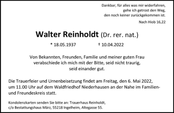 Traueranzeige von Walter Reinholdt von vrm-trauer Allgemeine  Zeitung Ingelheim-Bingen