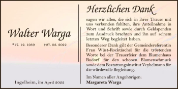 Traueranzeige von Walter Warga von vrm-trauer Allgemeine  Zeitung Ingelheim-Bingen