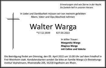 Traueranzeige von Walter Warga von vrm-trauer Allgemeine  Zeitung Ingelheim-Bingen