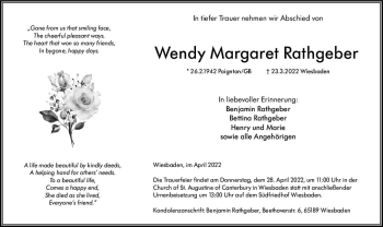 Traueranzeige von Wendy Margaret Rathgeber von vrm-trauer Wiesbadener Kurier