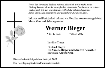 Traueranzeige von Werner Bieger von vrm-trauer Rüsselsheimer Echo / MainSpitze