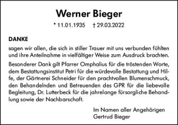 Traueranzeige von Werner Bieger von vrm-trauer Rüsselsheimer Echo / MainSpitze