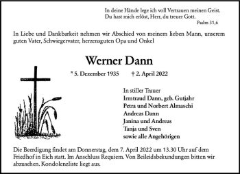 Traueranzeige von Werner Dann von vrm-trauer Wormser Zeitung