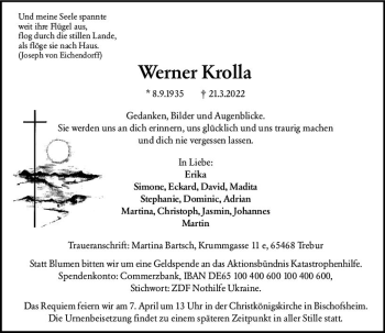 Traueranzeige von Werner Krolla von vrm-trauer Rüsselsheimer Echo / MainSpitze