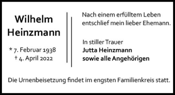 Traueranzeige von Wilhelm Heinzmann von vrm-trauer AZ Mainz
