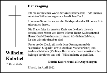 Traueranzeige von Wilhelm Kabrhel von vrm-trauer Odenwälder Echo