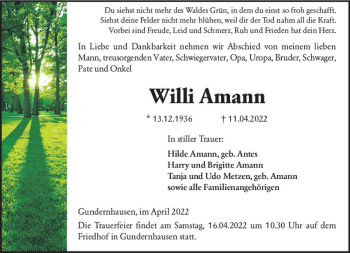 Traueranzeige von Willi Amann von vrm-trauer Darmstädter Echo