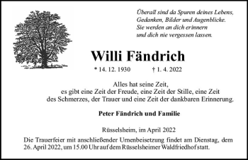 Traueranzeige von Willi Fändrich von vrm-trauer Rüsselsheimer Echo / MainSpitze