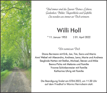 Traueranzeige von Willi Holl von vrm-trauer Wormser Zeitung