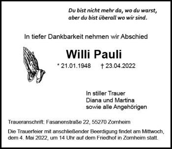 Traueranzeige von Willi Pauli von vrm-trauer Wiesbadener Kurier