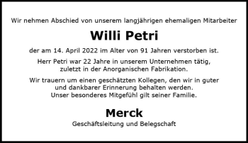 Traueranzeige von Willi Petri von vrm-trauer Darmstädter Echo