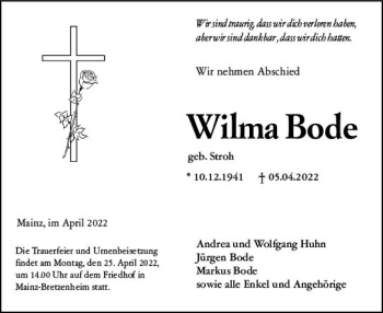 Traueranzeige von Wilma Bode von vrm-trauer AZ Mainz