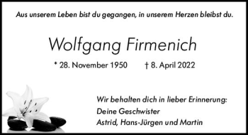Traueranzeige von Wolfgang Firmenich von vrm-trauer Allgemeine  Zeitung Ingelheim-Bingen